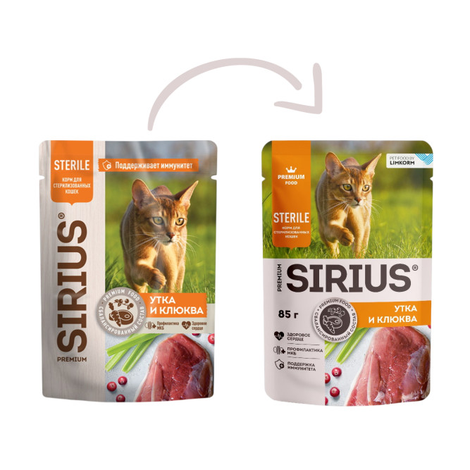 Sirius влажный корм для взрослых стерилизованных кошек с уткой и клюквой в соусе, в паучах - 85 г х 24 шт