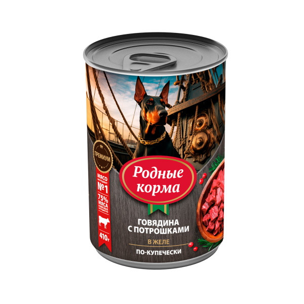 Родные Корма влажный корм для взрослых собак, говядина с потрошками, в желе по-купечески, в консервах - 410 г х 6 шт