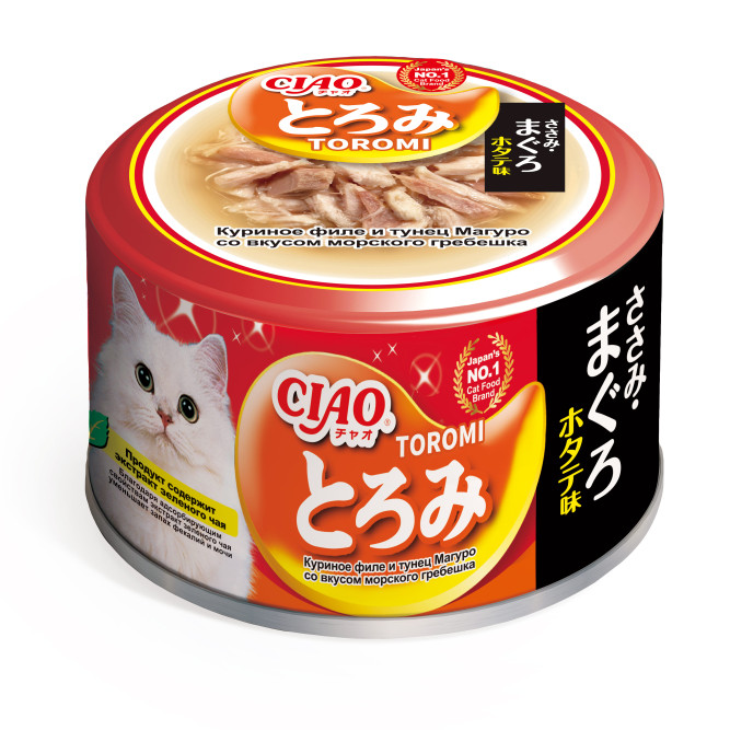 Inaba Ciao Toromi влажный дополнительный корм для взрослых кошек с куриным филе, тунцом Магуро и гребешком в бульоне, в консервах - 80 г х 24 шт