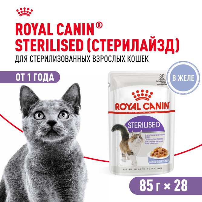 Royal Canin Sterilised влажный корм стерилизованных кошек кусочки в желе, в паучах - 85 г х 28 шт