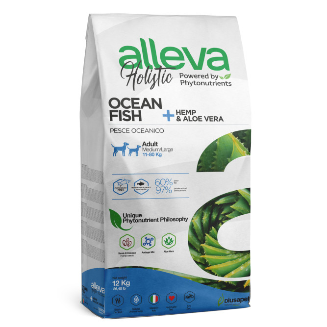 Alleva Holistic Adult Ocean Fish Medium/Maxi сухой корм для взрослых собак с океанической рыбой, коноплей и алое вера - 12 кг