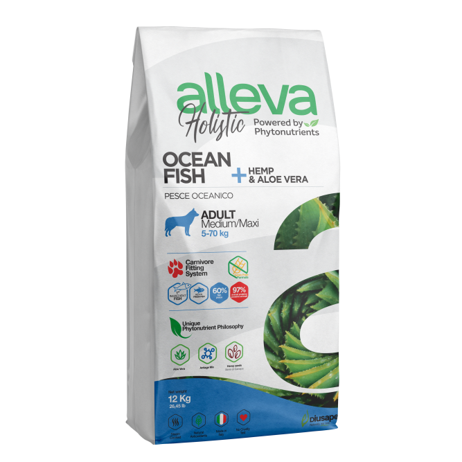 Alleva Holistic Adult Ocean Fish Medium/Maxi сухой корм для взрослых собак с океанической рыбой, коноплей и алое вера - 12 кг