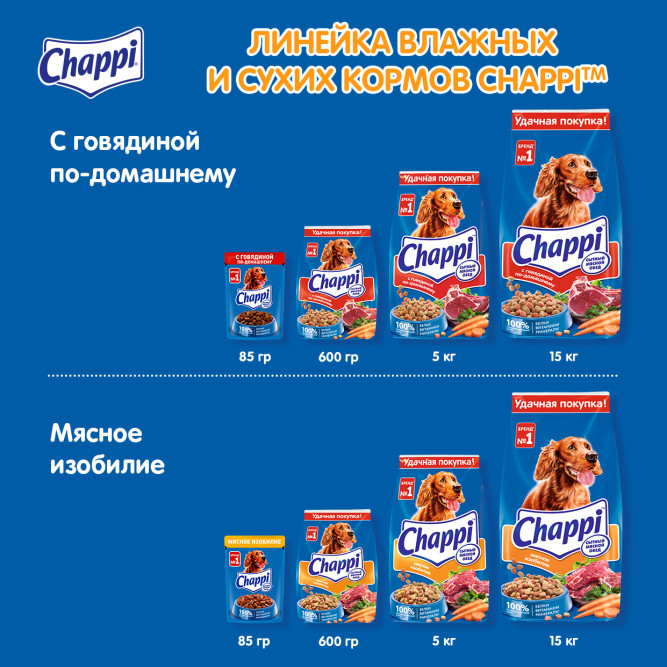 Chappi Сытный мясной обед сухой корм для собак с говядиной по-домашнему - 15 кг
