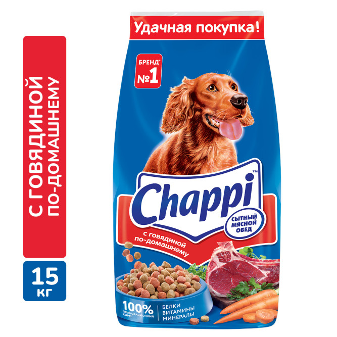 Chappi Сытный мясной обед сухой корм для собак с говядиной по-домашнему - 15 кг