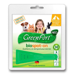 GreenFort NEO Биокапли для кошек кроликов и собак до 10 кг от клещей, блох, вшей, власоедов, комаров, слепней 1 мл