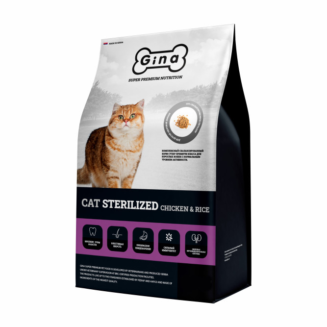 Gina Cat Sterilized Chicken &amp; Rice сухой корм для взрослых стерилизованных кошек с курицей и рисом - 1 кг