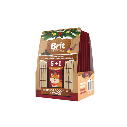 Brit Premium кормушка набор паучей для взрослых собак всех пород с мясным ассорти, кусочки в соусе - 85 г х 5+1 шт