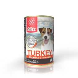 Blitz Sensitive Adult Dog влажный корм для собак всех пород и возрастов с чувствительным пищеварением с индейкой и печенью, в консервах - 400 г х 12 шт