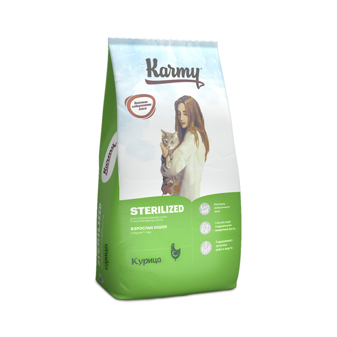 Karmy Sterilized сухой корм для стерилизованных кошек и кастрированных котов, с курицей - 10 кг