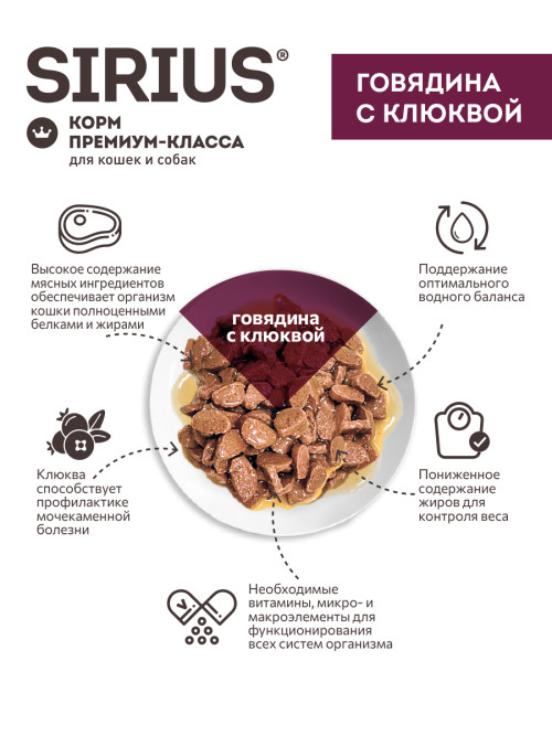 Sirius влажный корм для взрослых стерилизованных кошек с говядиной и клюквой в соусе, в паучах - 85 г х 24 шт
