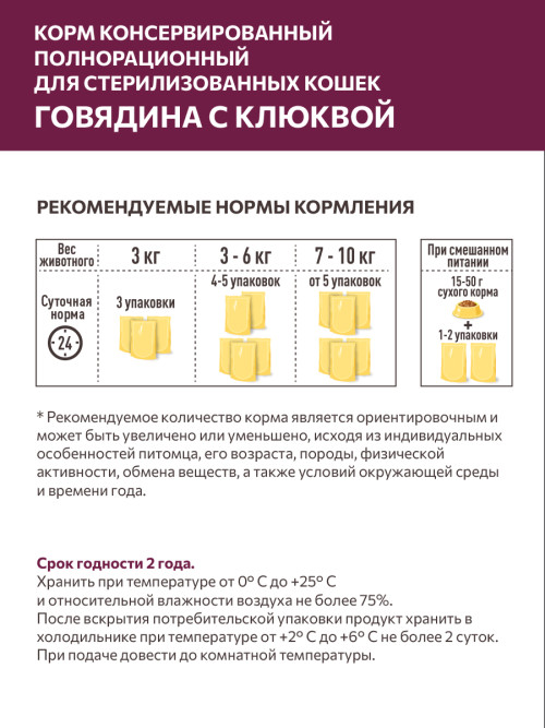 Sirius влажный корм для взрослых стерилизованных кошек с говядиной и клюквой в соусе, в паучах - 85 г х 24 шт
