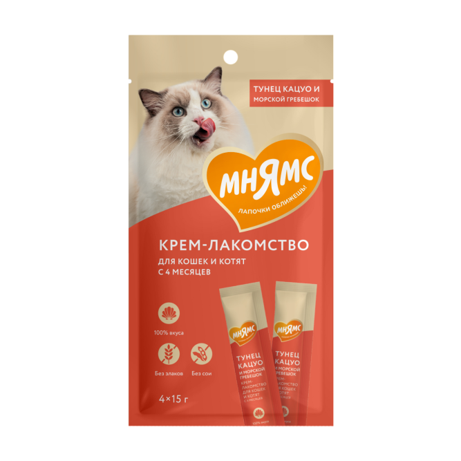 Крем-лакомство Мнямс для кошек с тунцом Кацуо и морским гребешком - 60 г