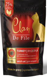 Clan De File влажный корм для взрослых кошек кусочки в соусе с индейкой, креветками и семенами льна, в паучах - 85 г х 14 шт
