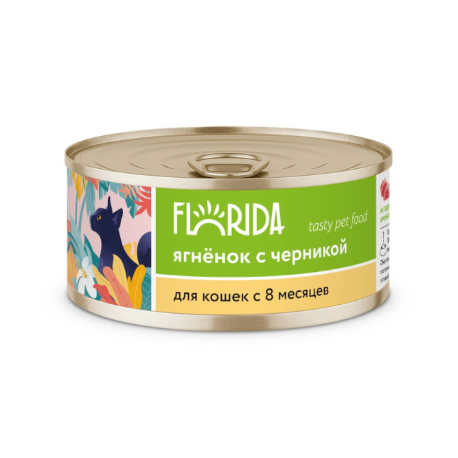 Florida консервы для взрослых кошек с ягненком и черникой - 100 г x 12 шт