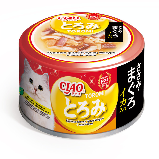 Inaba Ciao Toromi влажный дополнительный корм для взрослых кошек с куриным филе, тунцом Магуро и кальмаром в бульоне, в консервах - 80 г х 24 шт
