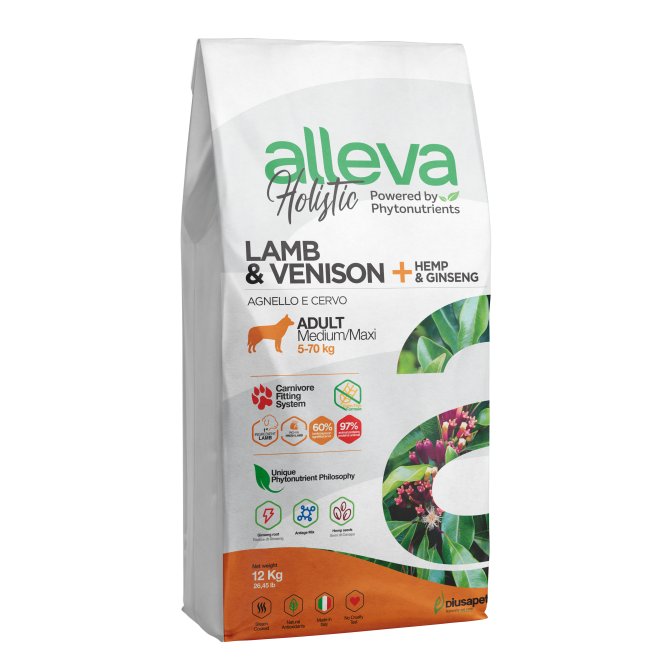 Alleva Holistic Adult Lamb &amp; Venison Medium/Maxi сухой корм для взрослых собак с ягненком и олениной, коноплей и женьшенем - 12 кг