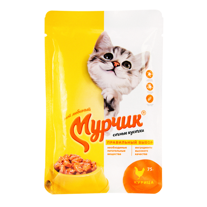 Мурчик влажный корм для взрослых кошек с курицей, в паучах - 75 г х 35 шт
