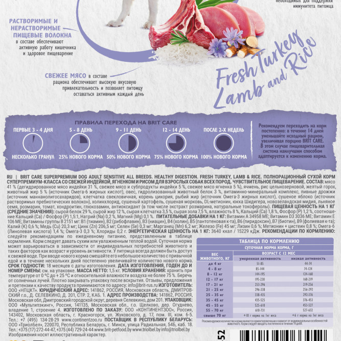 Брит Кеа Dog Adult Sensitive All Breeds Healthy Digestion сухой корм для взрослых собак всех пород при чувствительном пищеварении с индейкой, ягненком и рисом - 1,5 кг