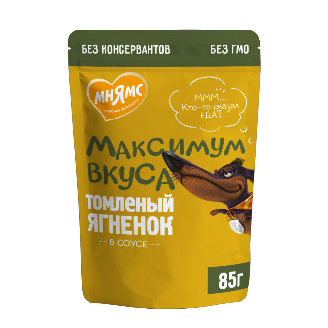 Мнямс влажный корм для собак "Максимум вкуса" томленый ягненок в соусе в паучах - 85 г х 24 шт