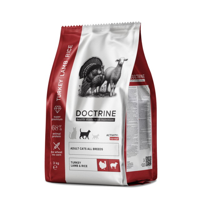 Doctrine сухой беззерновой корм для взрослых кошек, с индейкой, ягненком и рисом - 3 кг