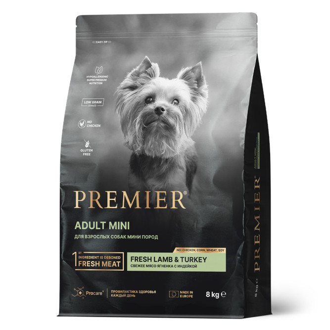 Premier Dog Adult Mini Lamb&amp;Turkey сухой корм для взрослых собак мелких пород со свежим мясом ягненка и индейкой - 8 кг