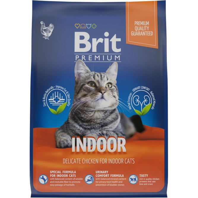 Брит Премиум Cat Indoor сухой корм для кошек домашнего содержания с курицей - 2 кг