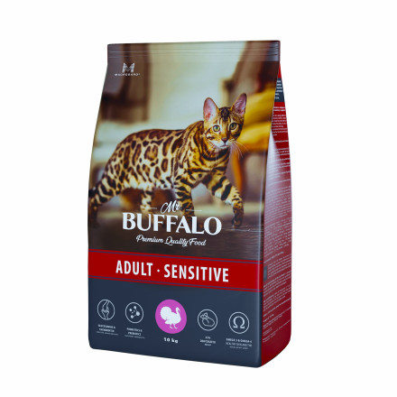 Mr.Buffalo Adult Sensitive полнорационный сухой корм для взрослых котов и кошек с чувствительным пищеварением, с индейкой - 10 кг