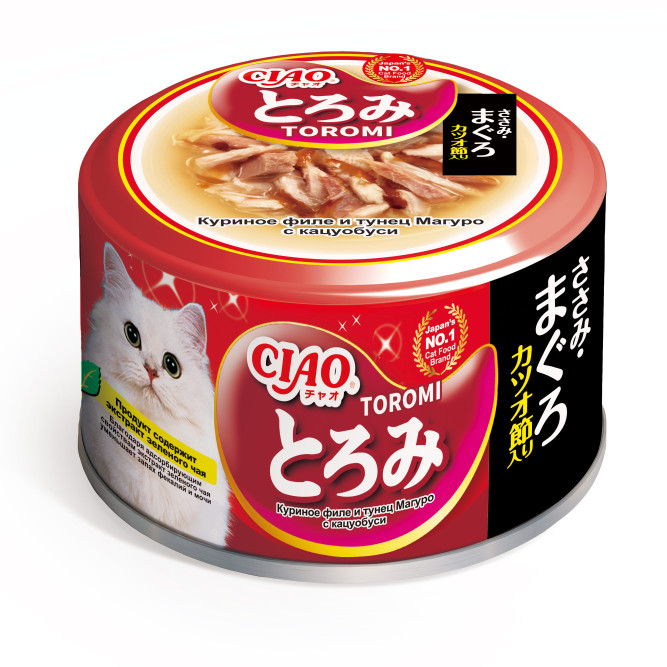 Inaba Ciao Toromi влажный дополнительный корм для взрослых кошек с куриным филе, тунцом Магуро и Кацуобуси в бульоне, в консервах - 80 г х 24 шт