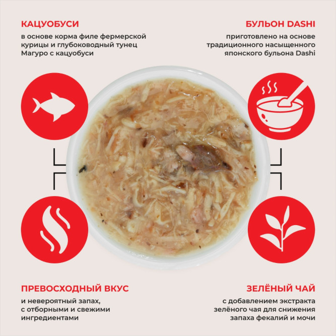 Inaba Ciao Toromi влажный дополнительный корм для взрослых кошек с куриным филе, тунцом Магуро и Кацуобуси в бульоне, в консервах - 80 г х 24 шт