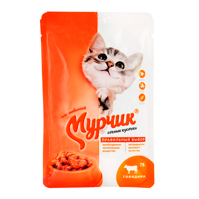 Мурчик влажный корм для взрослых кошек с говядиной, в паучах - 75 г х 35 шт