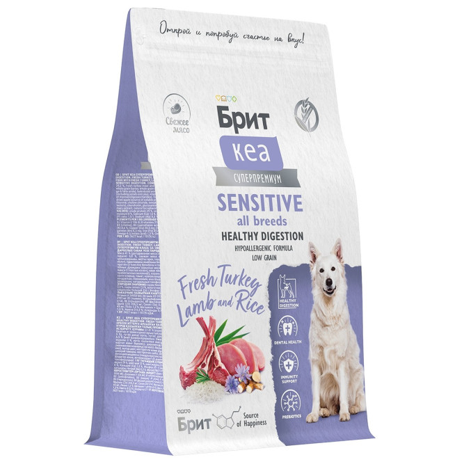 Брит Кеа Dog Adult Sensitive All Breeds Healthy Digestion сухой корм для взрослых собак всех пород при чувствительном пищеварении с индейкой, ягненком и рисом - 3 кг