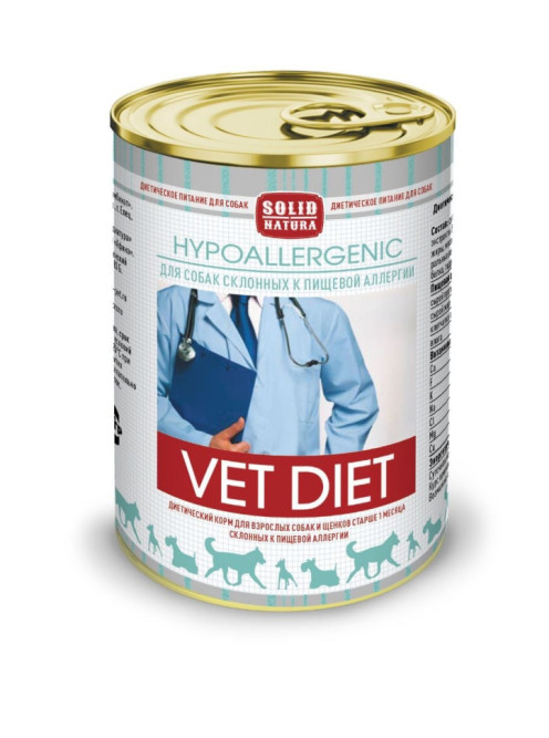 Solid Natura VET Hypoallergenic влажный диетический корм для взрослых собак при пищевой аллергии, в консервах - 340 г х 6 шт