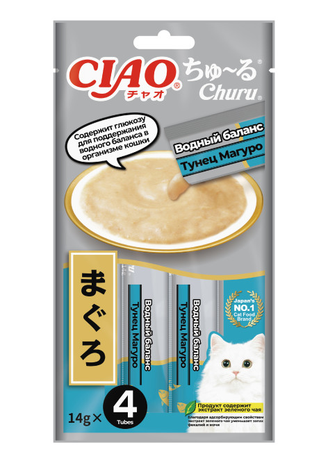 Inaba CIAO Churu лакомство-пюре для взрослых кошек для поддержания водного баланса, с тунцом магуро - 14 г х 4 шт