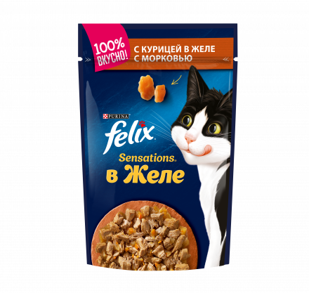 Паучи Felix Sensations в желе для взрослых кошек с курицей и морковью - 85 г х 26 шт