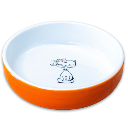 Mr.Kranch миска керамическая для кошек Кошка с бантиком, 370 мл, оранжевая