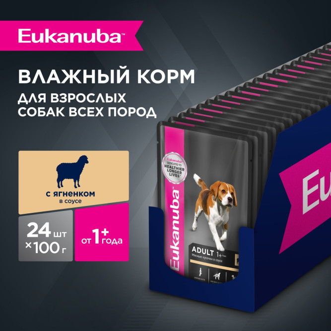 Eukanuba Adult Dog консервированный корм для взрослых собак всех пород старше 1 года с ягненком в соусе, в паучах - 100 г х 24 шт