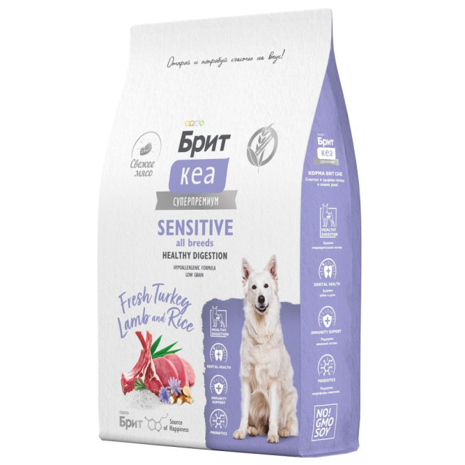 Брит Кеа Dog Adult Sensitive Healthy Digestion сухой корм для собак всех пород с чувствительным пищеварением, с индейкой и ягненком - 12 кг