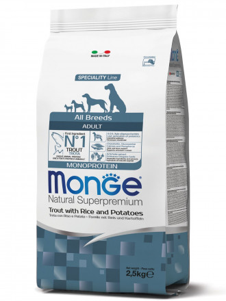 Monge Dog Monoprotein сухой корм для взрослых собак всех пород с форелью, рисом и картофелем 2,5 кг