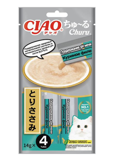 Inaba CIAO Churu лакомство-пюре для взрослых кошек для поддержания pH мочи, с куриным филе - 14 г х 4 шт