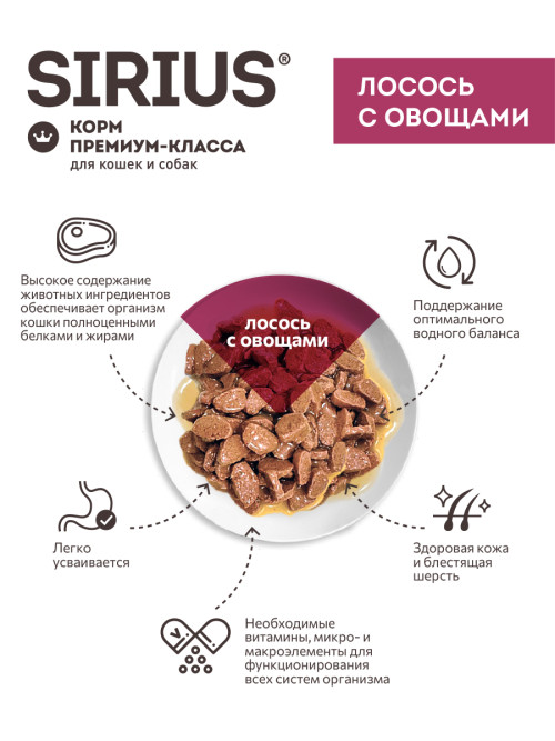Sirius влажный корм для взрослых кошек с лососем и овощами в соусе, в паучах - 85 г х 24 шт