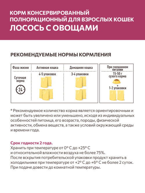 Sirius влажный корм для взрослых кошек с лососем и овощами в соусе, в паучах - 85 г х 24 шт