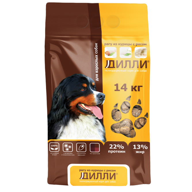 Дилли сухой корм для взрослых собак рагу из курицы с рисом - 14 кг