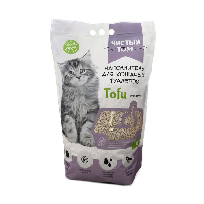 Чистый Том Tofu Original комкующийся соевый наполнитель для кошачьего туалета, без аромата - 15 л (6,5 кг)