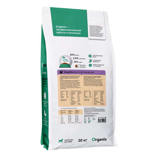 Organix Adult Sensitive Dog Turkey сухой корм для взрослых собак всех пород с чувствительным пищеварением с индейкой, фруктами и овощами - 10 кг