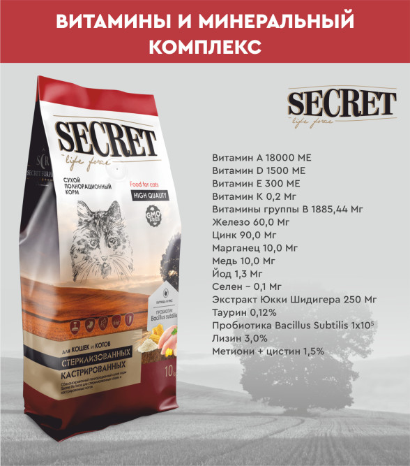 Secret Life Force сухой корм для стерилизованных кошек и кастрированных котов с курицей и рисом - 10 кг