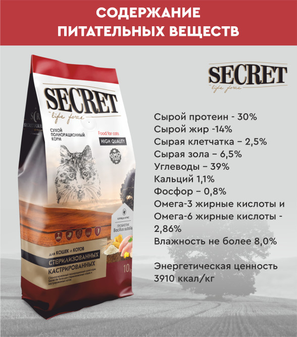 Secret Life Force сухой корм для стерилизованных кошек и кастрированных котов с курицей и рисом - 10 кг