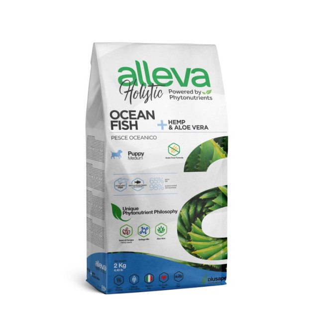 Alleva Holistic Puppy/Junior Ocean Fish Medium сухой корм для щенков средних пород с океанической рыбой, коноплей и алое вера 2 кг