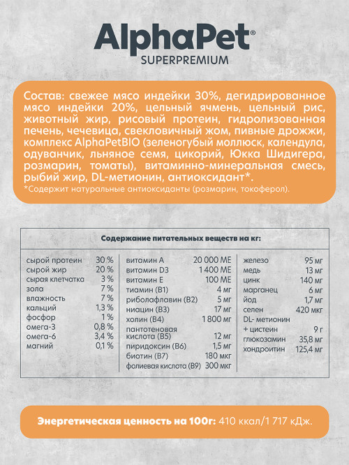 AlphaPet Superpremium Monoprotein сухой корм для щенков, беременных и кормящих собак мелких пород с индейкой - 1,5 кг
