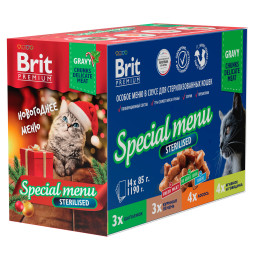 Brit Premium Новогодний набор влажный корм для взрослых стерилизованных кошек в паучах, Особое меню в соусе - 85 г х 14 шт