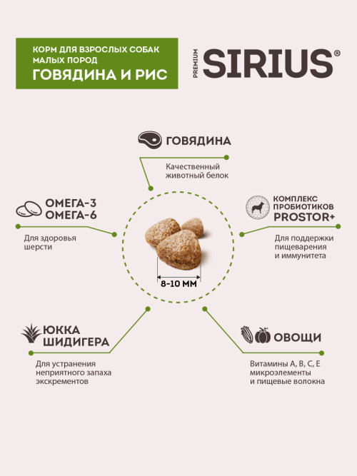 Sirius сухой корм для взрослых собак малых пород с говядиной и рисом - 12 кг